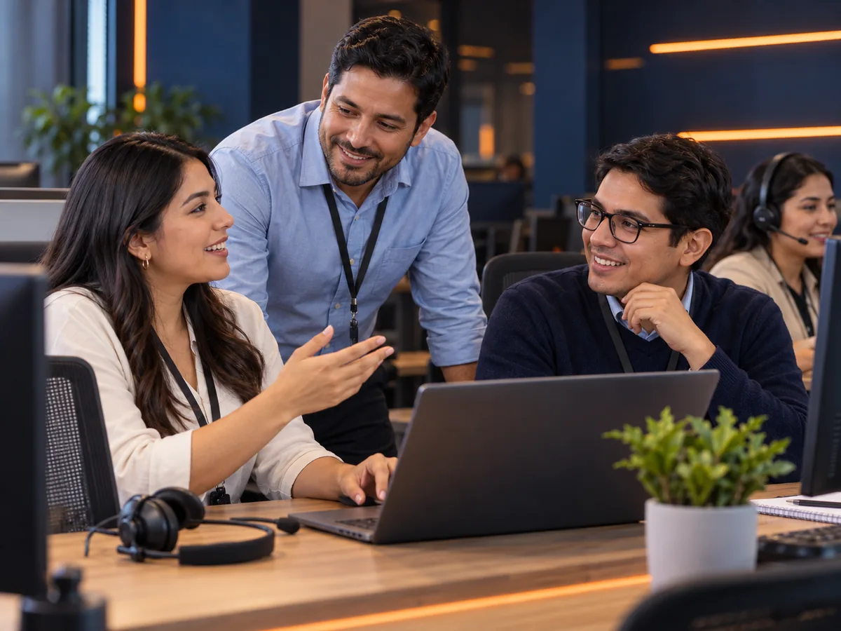 Escena ilustrativa de un equipo comercial conversando durante una capacitación